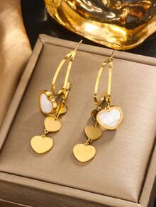 1 对 INS 小众复古奢华百搭不对称高端心形与星形流苏 C 形双层五角星耳环，钛钢 18K 镀金贝壳耳钉，适合生日、情人节礼物、商务演示、日常佩戴 - 金色 - 查看 14