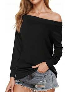 Solid Color Women's Off-Shoulder Long Sleeve Top, Boat Neck Fall And Winter Shirt, Slim-Fit Loose Casual Plus Size Blouse, Sexy Off-Shoulder Loose-Fit Top - 黑色 - 查看 2
