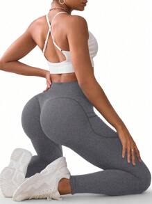 Summer Workout 1pc High Waist Solid Color Yoga Leggings With Pocket, Suitable For Hiking, Outdoor Sports And Casual Wear