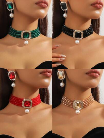 1pc Elegant Women Geometric Oval-Shaped Rose Red, Emerald Green, White, Black Crystal Beaded Necklace And 1 Pair Matching Earrings, Formal Dress Accessory For Daily Wear