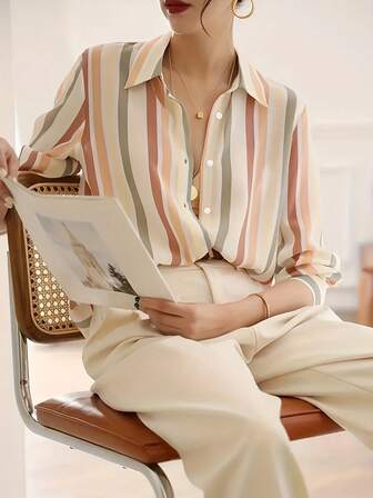 Striped Casual Long Sleeve Blouse, Niche Retro Design, Slim Fit For Women