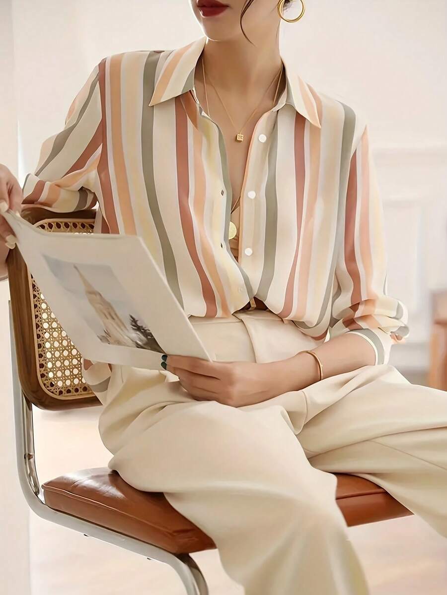 Striped Casual Long Sleeve Blouse, Niche Retro Design, Slim Fit For Women - Multicolor - View 1