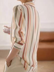 Striped Casual Long Sleeve Blouse, Niche Retro Design, Slim Fit For Women