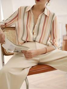 Striped Casual Long Sleeve Blouse, Niche Retro Design, Slim Fit For Women - Multicolor - View 3
