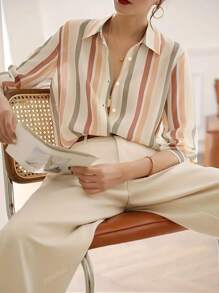 Striped Casual Long Sleeve Blouse, Niche Retro Design, Slim Fit For Women