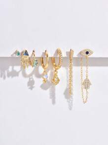 7pcs Set Elegant Zirconia Evil Eye Earring & Stud Set, Suitable For Daily, Party, Festival, Date Or Wedding - Yellow Gold - View 4