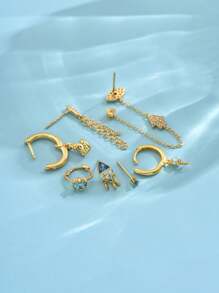 7pcs Set Elegant Zirconia Evil Eye Earring & Stud Set, Suitable For Daily, Party, Festival, Date Or Wedding - Yellow Gold - View 3