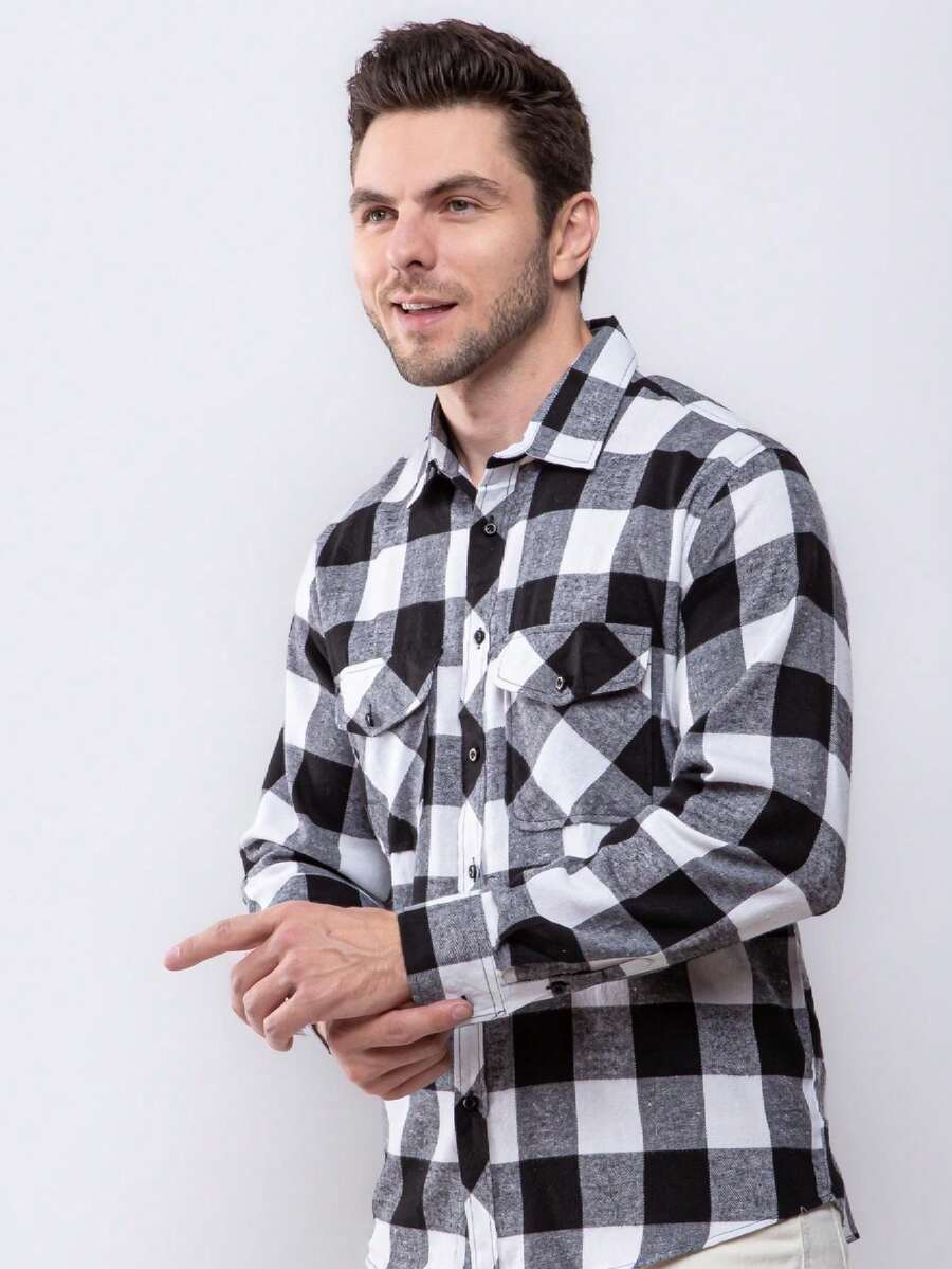 Men's Plaid Shirt Long Sleeve Winter - 黑色 - 查看 1