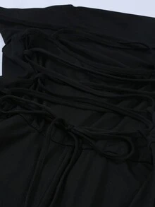 女式夏季純色圓領連身裙，腰帶和肩帶設計 - 黑色 - 查看 7