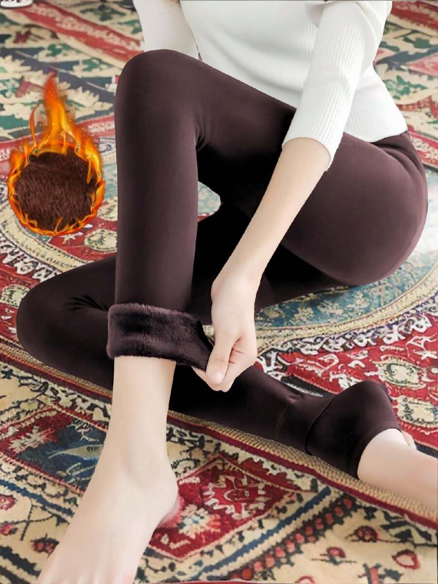 1 件女式秋冬季保暖内衬高腰紧身打底裤，柔软保暖的马镫裤，适合日常休闲穿着 - 咖啡棕 - 查看 1