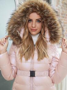 ZIAI Chaqueta casual de mujer con cintura ajustable, cuello de piel corto y para invierno