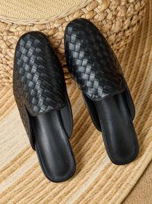 2025 秋季女士平底编织方头一脚蹬穆勒拖鞋，黑色 - 黑色 - 查看 5