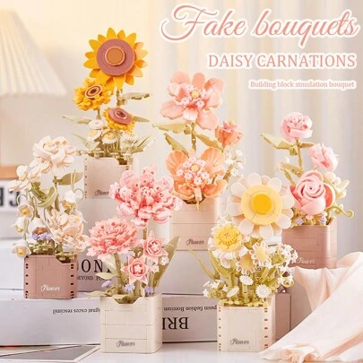 1pc New Realistic High Difficulty Beaded Assembly Building Block Flower Bouquet, Includes Carnation, Daisy, Jasmine, Can Be Used For Decoration, Home Decor, Birthday Gift, Made Of ABS Material, Heart-Shaped Flowers, DIY Handcraft, Suitable For Valentine's Day, Mother's Day, Christmas, Birthday And Other Occasions.