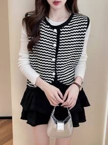 Veste sans manches boutonnée à motif Chevron - Noir et Blanc - Voir 4