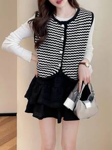 Veste sans manches boutonnée à motif Chevron - Noir et Blanc - Voir 3