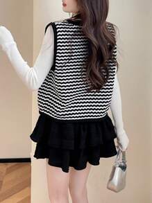 Veste sans manches boutonnée à motif Chevron - Noir et Blanc - Voir 2