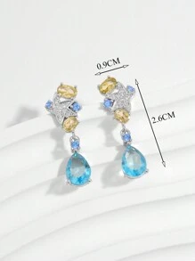 1 Pair New Luxury S925 Sterling Silver Fashion Colorful Water Drop Star Shaped Long Earrings With Sparkling Zirconia, Elegant Glamorous Jewelry Gift For Wedding Party