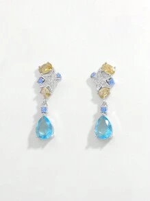 1 Pair New Luxury S925 Sterling Silver Fashion Colorful Water Drop Star Shaped Long Earrings With Sparkling Zirconia, Elegant Glamorous Jewelry Gift For Wedding Party