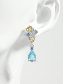 1 Pair New Luxury S925 Sterling Silver Fashion Colorful Water Drop Star Shaped Long Earrings With Sparkling Zirconia, Elegant Glamorous Jewelry Gift For Wedding Party