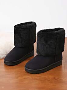 女士蓬松内衬休闲雪地靴，厚实保暖防水仿皮材质，纯色防寒，多色新款，黑色 - 黑色 - 查看 5
