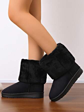 Women's Fluffy Lined Casual Snow Boots, Thick Warm Waterproof Leather-Like Material, Solid Color, Anti-Cold, Multi-Color New Style, Black