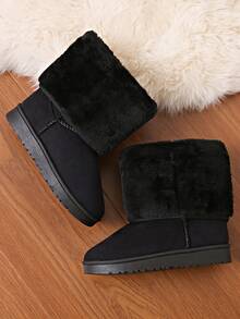 女士蓬松内衬休闲雪地靴，厚实保暖防水仿皮材质，纯色防寒，多色新款，黑色 - 黑色 - 查看 2