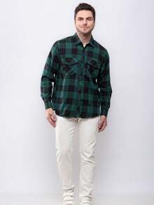 Men's Plaid Shirt Long Sleeve Winter - màu xanh lá - Xem 3