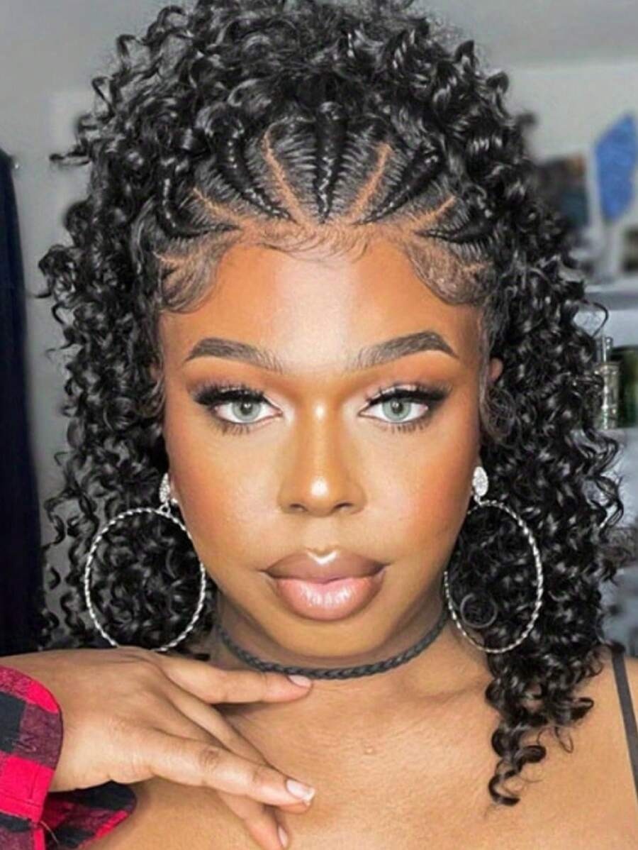 Synthetic Lace Front Braided Wigs With Baby Hair For  16 Inches Knotless Box Braided Hair Wigs Curly Bob Braided Lace Wigs - màu đen - Xem 1