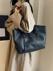 Women's Versatile Solid Color Woven Pattern PU Leather Handbag, Simple Large Capacity Top Handle Shoulder Bag, Casual Lightweight Commuter Tote Bag For Daily Office Work, Fashion Waterproof Square Outdoor Travel Storage Shopping Satchel Bags, Work Bag Women, Ideal For Everyday Elegance & Special Occasions - 黑色 - 查看 3