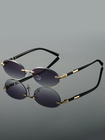 1Pc New Rimless Frame Oval Glasses Multicolor Gradient Lenses Fashionable Advanced Sense Black Glasses Vintage Luxury Men Shades Suitable For Traveling And Western Party Wear Beach Accessories Glasses Shades For Summer Beach Vacation,Outdoor,Travel