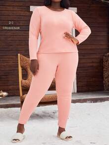 Set de 2 bucăți pentru femei, mărime mare, călduroasă, confortabilă, cu mânecă lungă, top cu gât și pantaloni de jogger, set de pijamale, îmbrăcat și slăbit, roz drăguț, îmbrăcăminte confortabilă pentru toamnă/iarnă - Roz - Vizualizare 6