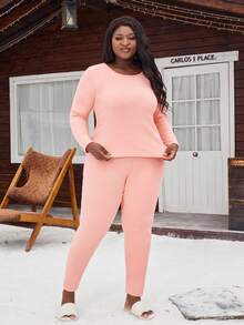 Set de 2 bucăți pentru femei, mărime mare, călduroasă, confortabilă, cu mânecă lungă, top cu gât și pantaloni de jogger, set de pijamale, îmbrăcat și slăbit, roz drăguț, îmbrăcăminte confortabilă pentru toamnă/iarnă - Roz - Vizualizare 5