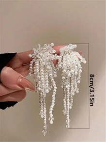 1 对女士手工珍珠流苏耳环，夸张时尚配饰，适合派对、聚会、日常佩戴 - 白色 - 查看 4