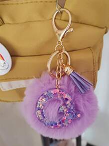 Initial Letter Keychain Pendant Resin Letter Keychain Wallet Backpack Accessory, Purple Fur Ball And Letters, Is The Best Gift For Family And Loved Ones, Letters A-Z Are Available For Selection, Fashionable Items, Alphabet Pendant For Bags - Purple - View 29