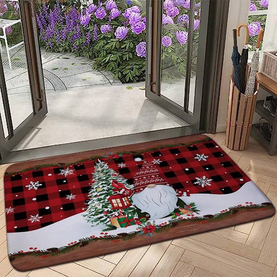 1 bucată Crăciun, roșu, negru, carouri, pitic și model de pom de Crăciun, covor decorativ de familie - Covor modern, minimalist, super absorbant, anti-alunecare, moale, prietenos cu pielea, rezistent la oboseală, covoraș antiderapant pentru intrare interioară, ușă din față, bucătărie, spălătorie, mai multe stiluri disponibile