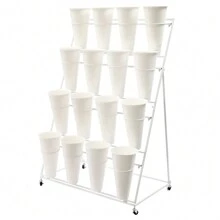 Flower Display Stands, Outdoor Plant Stand, Flower Bucket Racks With Plastic Buckets, 4 Layers Moving Wrought Iron Florist Shelf With Wheels, For Patio Garden, Living Room, Flower Shop - trắng - Xem 5