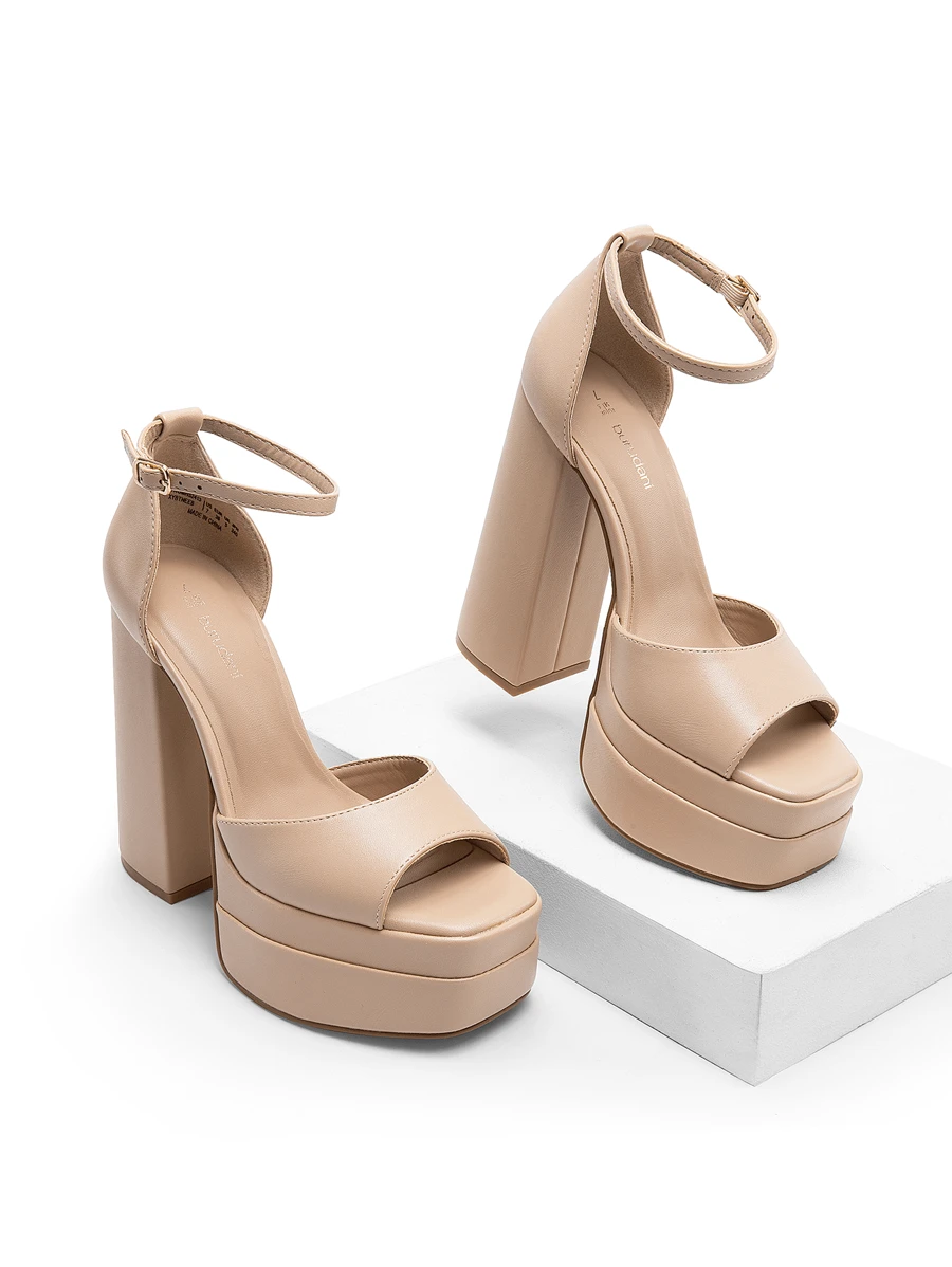 New Arrival Women Fashion Ankle Strap Platform Chunky Heeled Sandals, Sexy Peep Toe Ultra High Heel Sandals For Festival Party, Nightclub Date - 杏色 - 查看 1