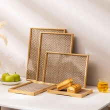 天然竹制托盘现代矩形木质茶盘套装优雅盘碟适合家庭使用-用于水果咖啡茶客厅服务 - 彩色 - 查看 5