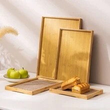 天然竹制托盘现代矩形木质茶盘套装优雅盘碟适合家庭使用-用于水果咖啡茶客厅服务 - 彩色 - 查看 6