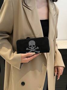 Halloween Skull Print Long Women Wallet, New Design Ripple Print Purse - Black - View 4