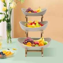 HaroldDol 3-Tier Fruit Rack Ceramic Serving Bowls With Bamboo Wood Bracket Kitchen Porcelain Fruit Bowl For Vegetable Storage,Snack Dessert Cake Tray Plate Rack For Party Wedding The Best Gift/Present For Family&Friends Happy Christmas - Khaki - View 3
