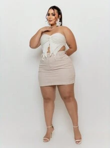 Plus Size Beige Plain High Waist Jeans Skirt With Hem - Beige - View 2