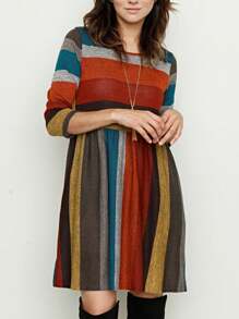 Boho Retro 70's 90's Vintage Black Black Olive Mocha Pink Mint Knit Brushed Ruffle Tiered Color Block Stripe Tunic Dress - 酒紅色 - 查看 6