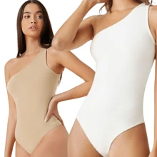 KIT 2 Women's Suplex Mula Manca Bodysuit With Lining Thin Strap One Shoulder - PUTIH DAN BEIGE - View 1