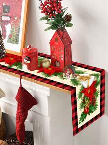 1 件一品红圣诞桌旗、圣诞红花桌布、圣诞快乐桌旗、圣诞桌布、圣诞厨房装饰、圣诞饰品、圣诞家居装饰、圣诞餐桌装饰、圣诞家居装饰、房间装饰、圣诞礼物、圣诞礼物、圣诞装饰、2026 新年装饰 - 紅黑格邊紅花 - 查看 5