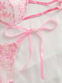 Style Dream 两件套女士花卉网纱刺绣性感蕾丝系带甜美内衣套装，适合情人节两件套女士套装，可爱超薄文胸 - 粉色 - 查看 5