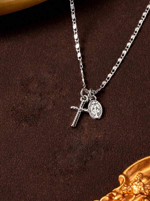 1pc Vintage Cross & Virgin Mary Pendant Necklace, Elegant Flat Chain Design