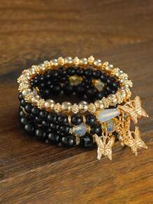 4 件儿童蝴蝶串珠手链套装，波西米亚风格闪光串珠手链时尚女孩珠宝配饰，可调节 - 蝴蝶吊墜手鍊 - 查看 9