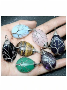 精致金铜线花朵吊坠项链天然石水滴丝生命之树吊坠项链 - 彩色 - 查看 5