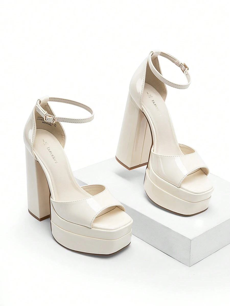 New Arrival Women Fashion Ankle Strap Platform Chunky Heeled Sandals, Sexy Peep Toe Ultra High Heel Sandals For Festival Party, Nightclub Date - 米色 - 查看 1